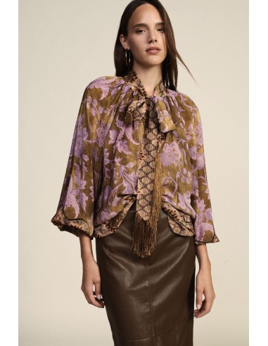 Blouse ample à imprimé floral avec nœud et franges Dixie