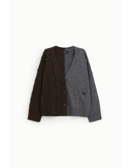 Cardigan bicolore à torsades et boutons frontaux Dixie