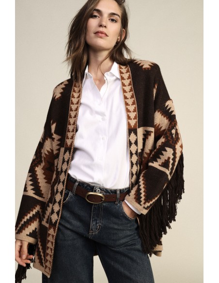 Cardigan à imprimé géométrique avec ceinture et franges Dixie