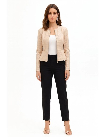 Veste péplum en similicuir avec motif à carreaux tressés et épaulettes Rinascimento