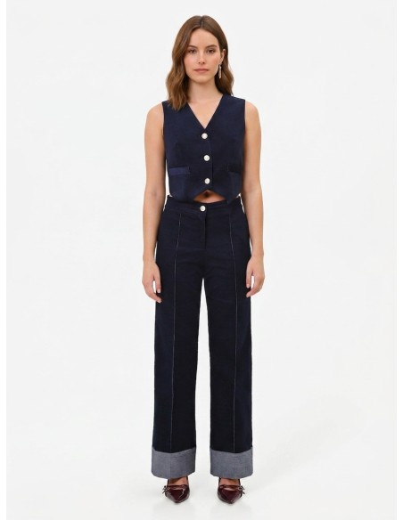 Pantalon large en velours avec maxi revers en denim Rinascimento