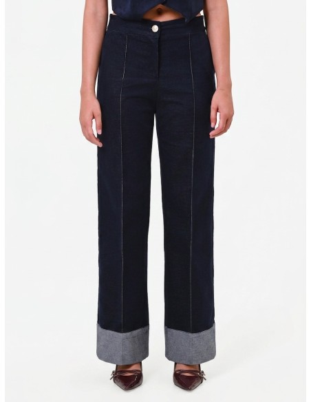 Pantalon large en velours avec maxi revers en denim Rinascimento