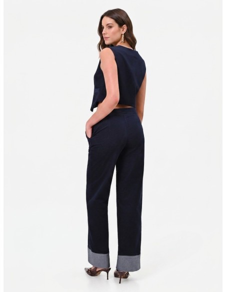 Pantalon large en velours avec maxi revers en denim Rinascimento