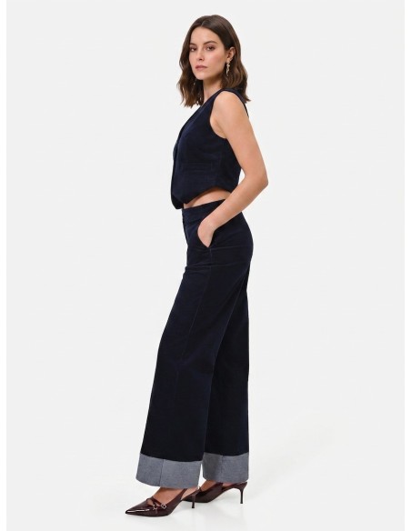 Pantalon large en velours avec maxi revers en denim Rinascimento