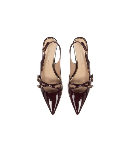 Slingback met spitse neus van glanzend lakleer met gekruiste bandjes Rinascimento