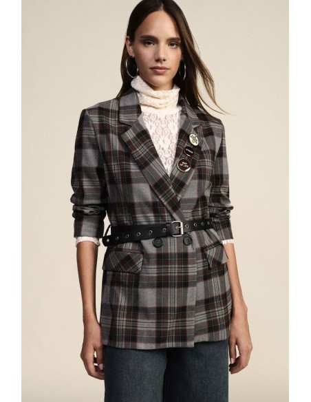 Dixie blazer met dubbele rij knopen, ruitpatroon, riem en spelden
