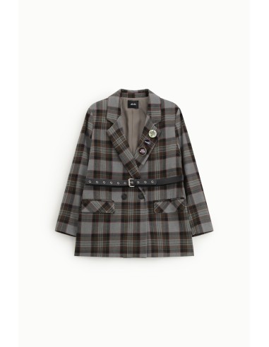 Dixie blazer met dubbele rij knopen, ruitpatroon, riem en spelden