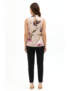 Top fluide en satin fleuri avec col et bouton bijou Rinascimento 2
