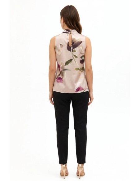 Top fluide en satin fleuri avec col et bouton bijou Rinascimento