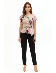 Blouse fluide en satin fleuri avec encolure bateau et fronces à la taille Rinascimento