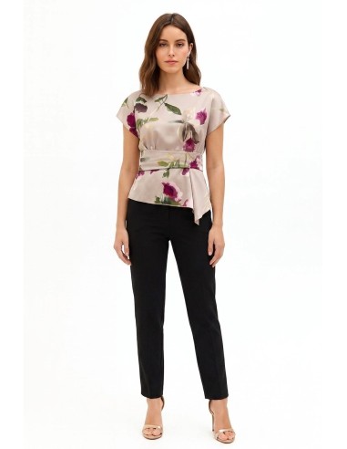 Satijnen blouse met bloemenprint, boothals en gerimpelde taille Rinascimento
