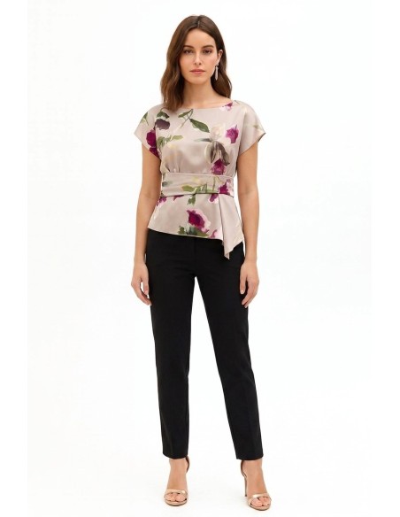Satijnen blouse met bloemenprint, boothals en gerimpelde taille Rinascimento