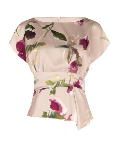 Satijnen blouse met bloemenprint, boothals en gerimpelde taille Rinascimento