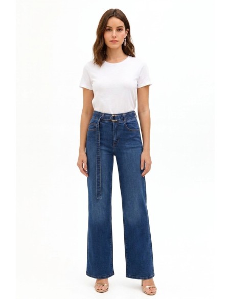 Wide leg-jeans met stretch en bijpassende riem Rinascimento