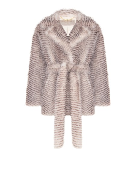 Manteau mi-long en fausse fourrure à motif chevron avec ceinture assortie Rinascimento
