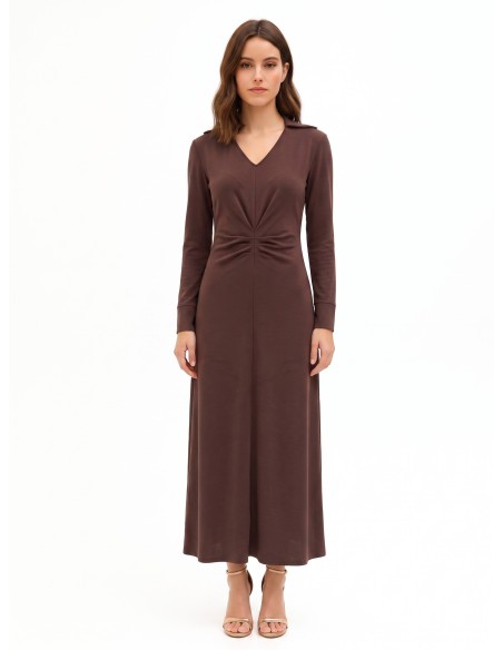 Robe longue en maille mélangée de viscose avec col en V et fronces sur le devant Rinascimento