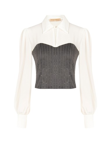 Top effet 2-en-1 avec chemisier en georgette et corset rayé à paillettes Rinascimento