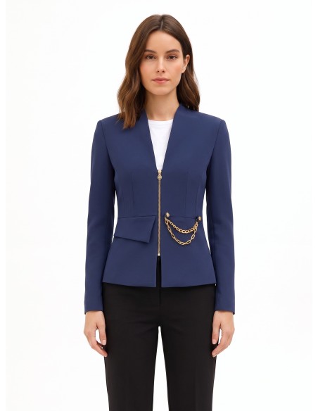 Veste blazer courte cintrée en tissu technique sans revers avec détail chaîne Rinascimento
