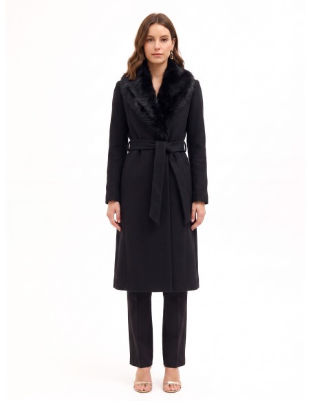 Manteau long en laine mélangée, modèle spolverino, avec col amovible en fausse fourrure Rinascimento