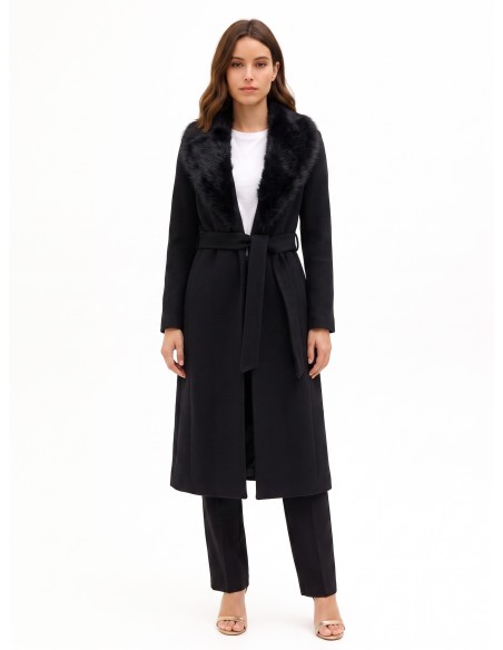 Manteau long en laine mélangée, modèle spolverino, avec col amovible en fausse fourrure Rinascimento
