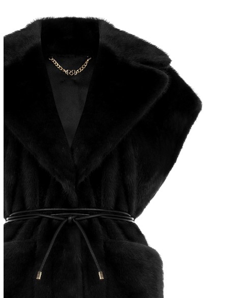 Gilet long sans manches en fausse fourrure douce avec ceinture en similicuir et poches Rinascimento