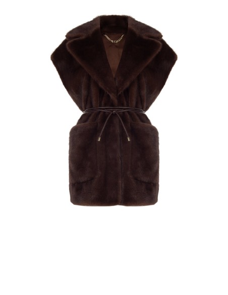 Gilet long sans manches en fausse fourrure douce avec ceinture en similicuir et poches Rinascimento