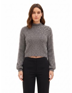 Pull crop en mohair avec cristaux cabochon Rinascimento