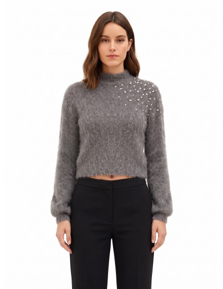 Pull crop en mohair avec cristaux cabochon Rinascimento