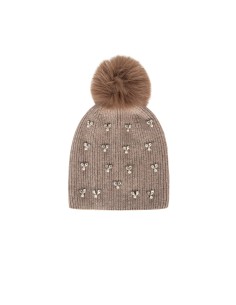 Muts van een viscose-wolmix met cabochon-kristallen en een pompon van imitatiebont van Rinascimento