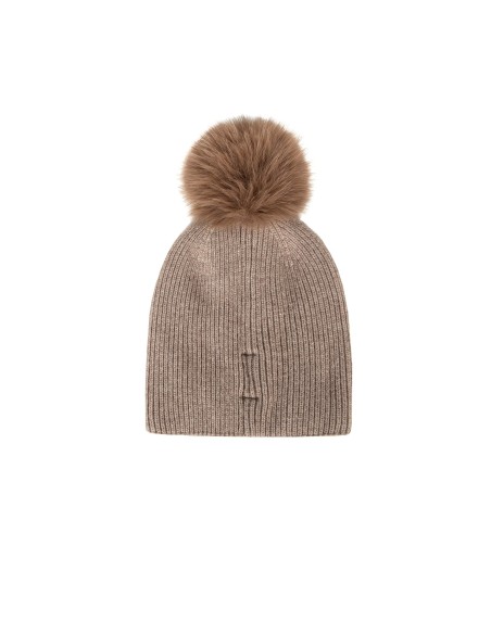 Bonnet en mélange de viscose et de laine avec cristaux cabochons et pompon en fausse fourrure Rinascimento
