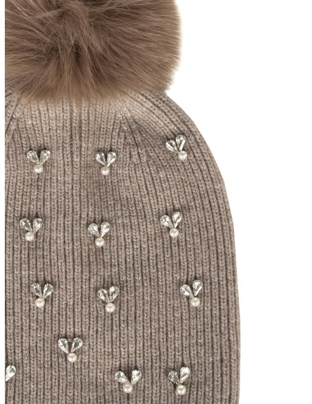 Muts van een viscose-wolmix met cabochon-kristallen en een pompon van imitatiebont van Rinascimento