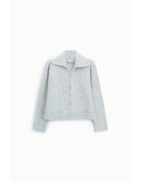 Cardigan zippé à col polo et manches longues plissé