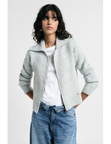 Cardigan zippé à col polo et manches longues plissé