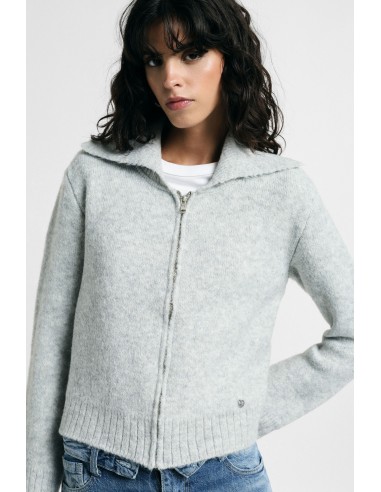 Cardigan zippé à col polo et manches longues plissé