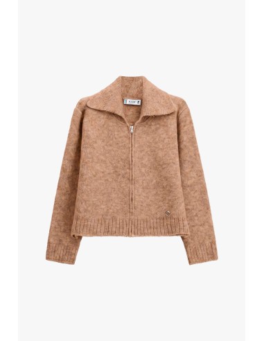 Cardigan zippé à col polo et manches longues plissé