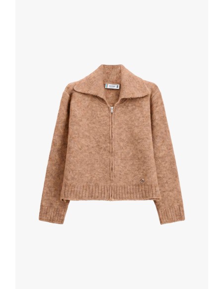 Cardigan zippé à col polo et manches longues plissé