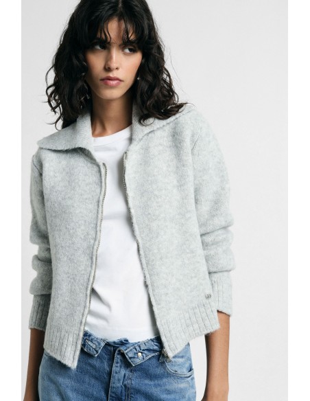 Cardigan zippé à col polo et manches longues plissé