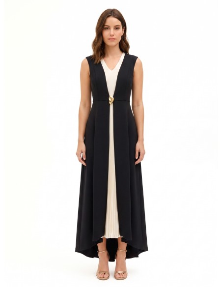 Robe longue en crêpe scuba avec empiècement central plissé en georgette et décolleté en V Rinascimento
