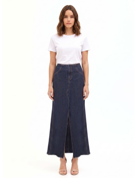Jupe longue en denim délavage zéro avec fente frontale Rinascimento