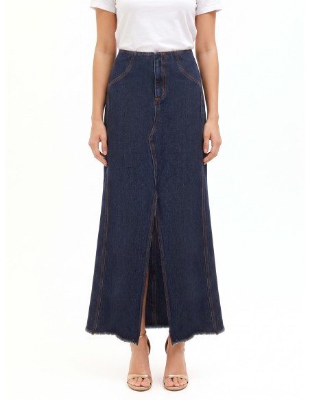 Jupe longue en denim délavage zéro avec fente frontale Rinascimento