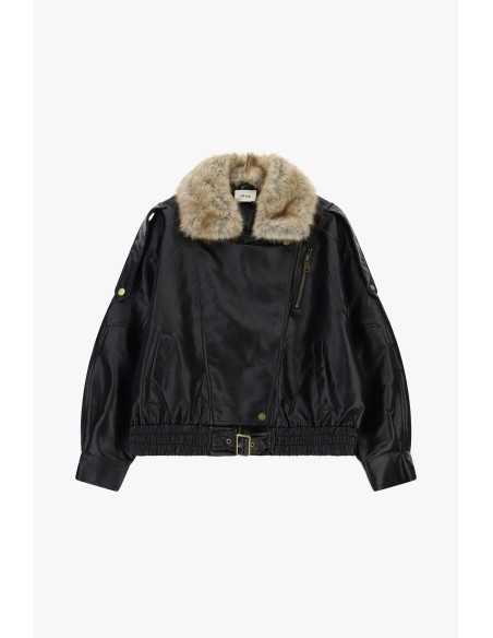 Leren jas met riem en bontkraag Dixie