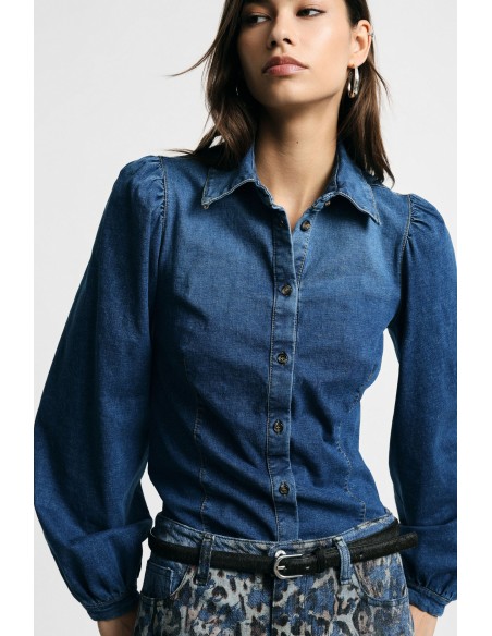 Chemisier en denim à manches amples et boutons sur le devant, s’il vous plaît