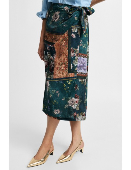 Jupe midi portefeuille à imprimé floral patchwork Please