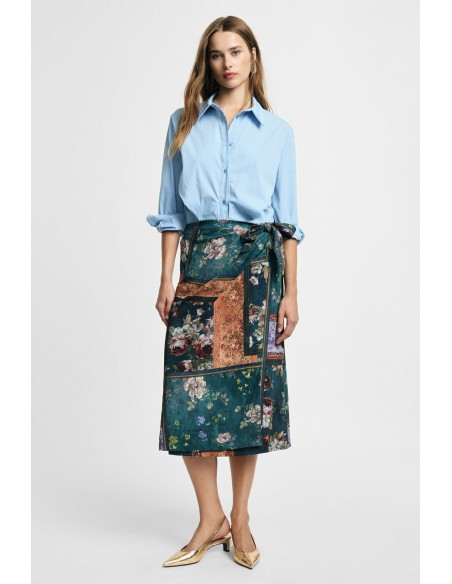 Midi-wikkelrok met bloemenpatroon en patchprint ‘Please’