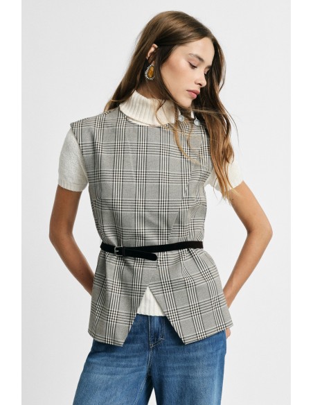 Gilet à carreaux avec ceinture et fente frontale Please