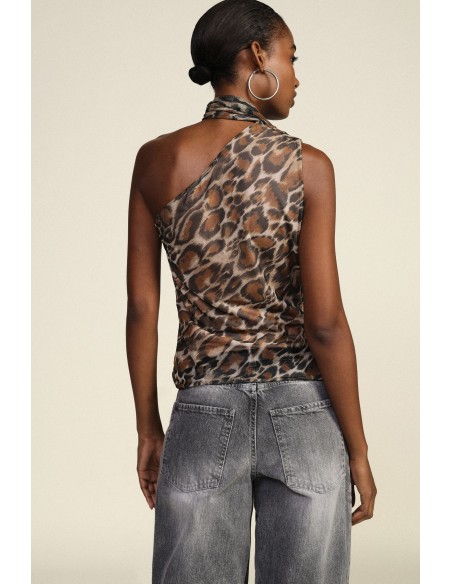 Dixie asymmetrische top met dierenprint en strik