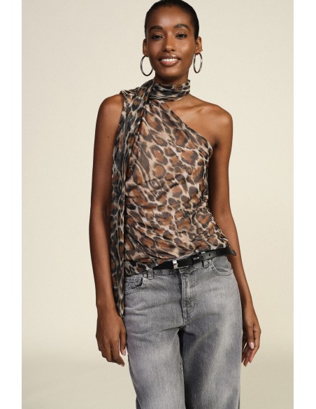 Top asymétrique à imprimé animalier avec nœud Dixie