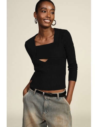 Pull côtelé avec encolure asymétrique et détail superposé Dixie