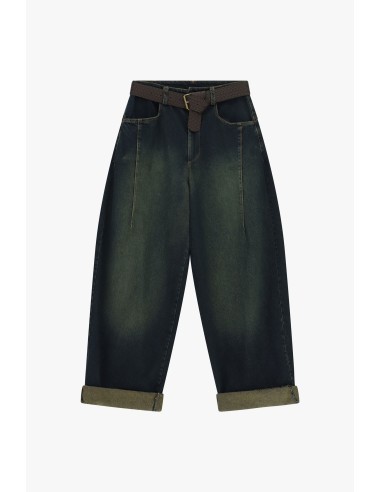 Balloonjeans met gevlochten riem en omslag