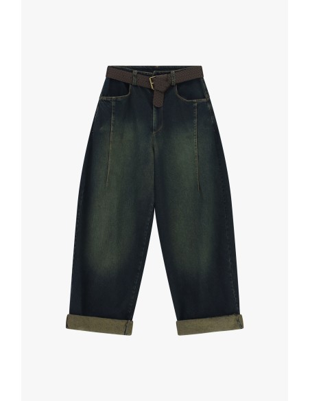 Balloonjeans met gevlochten riem en omslag